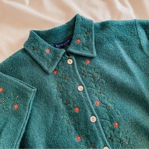 Vintage Emerald Green Embroidered Wool Cardigan SZ XL